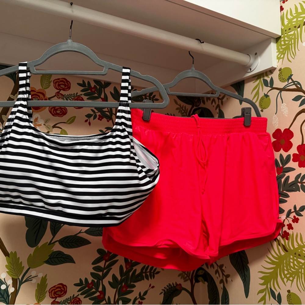 Striped Black and White Top with Hot Pink Swim Shorts Bathing Suit